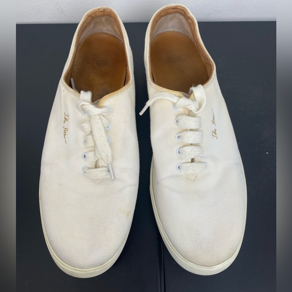The Row Cream Canvas Low-Top Sneakers with Gold Script